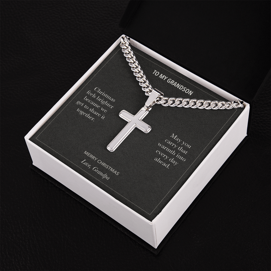 To My Grandson, Christmas Together Gift - Personalized Cross Cuban Link Chain Gift