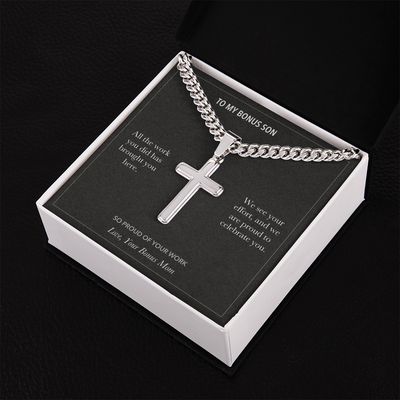 Load image into Gallery viewer, To My Bonus Son, Proud Of Your Work Graduation - Personalized Cross Cuban Link Chain Gift
