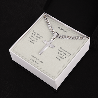Load image into Gallery viewer, To My Son, God Is With You Faith Gift - Personalized Cross Cuban Link Chain Gift
