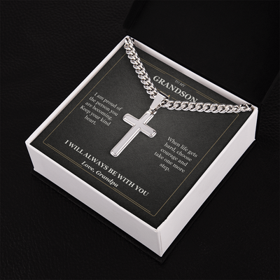 Load image into Gallery viewer, To My Grandson Cuban Link Cross Necklace from Grandpa | Courage and Kindness
