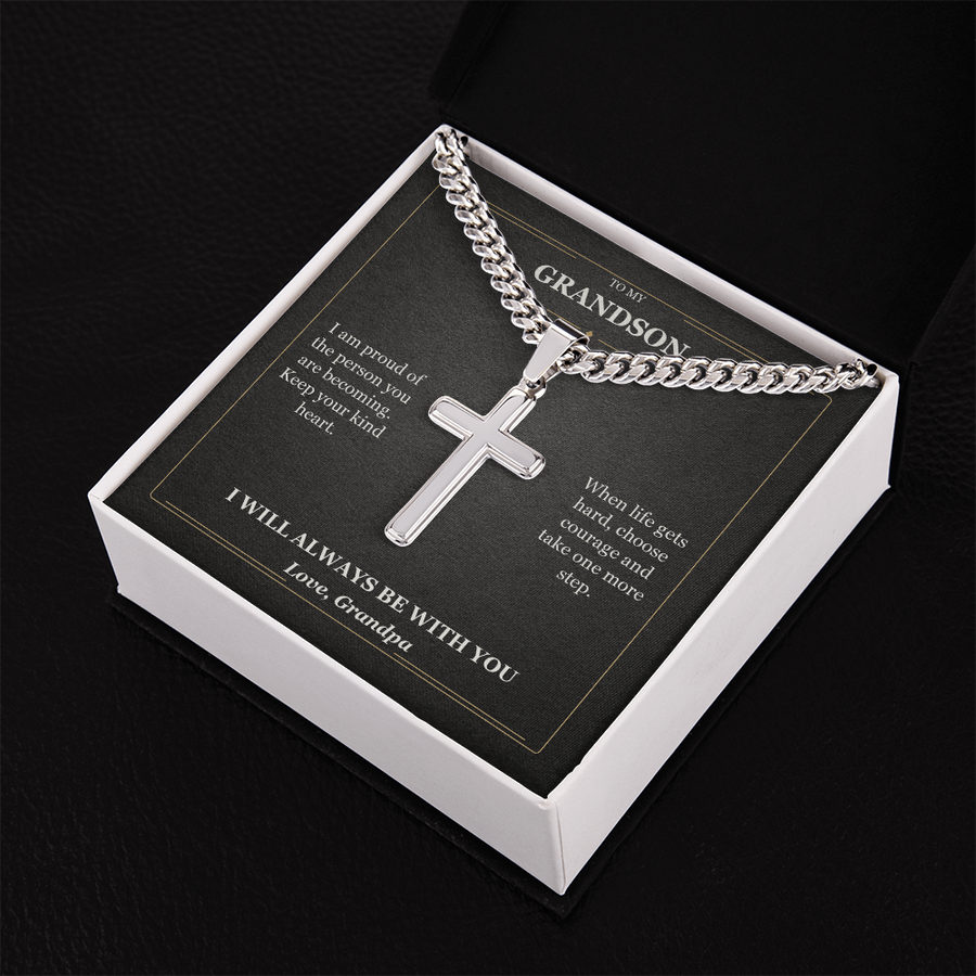 To My Grandson Cuban Link Cross Necklace from Grandpa | Courage and Kindness