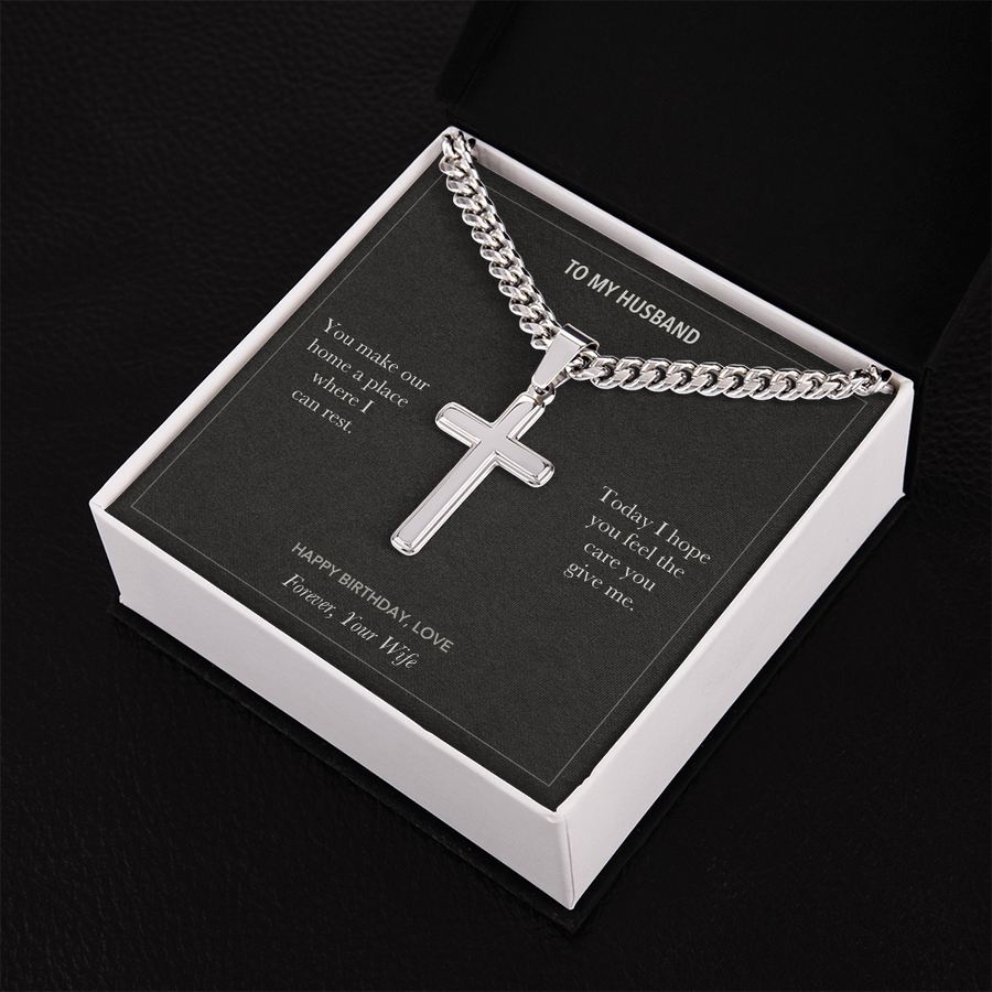 To My Husband, Home And Care Birthday - Personalized Cross Cuban Link Chain Gift
