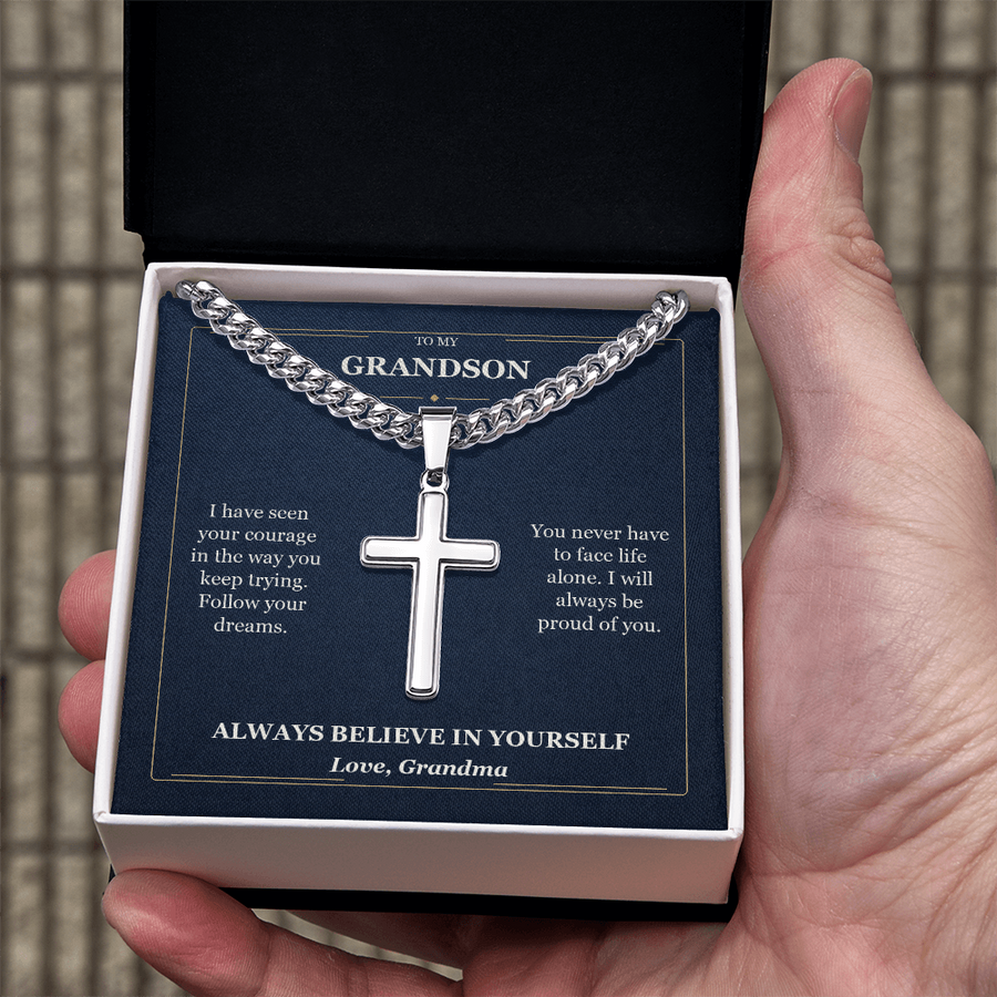 To My Grandson Cuban Link Cross Necklace from Grandma | Believe in Yourself