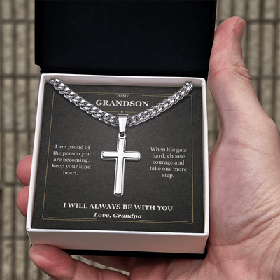Load image into Gallery viewer, To My Grandson Cuban Link Cross Necklace from Grandpa | Courage and Kindness

