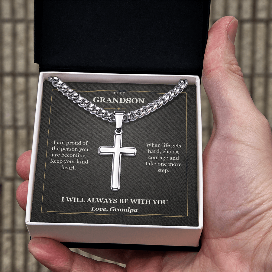 To My Grandson Cuban Link Cross Necklace from Grandpa | Courage and Kindness