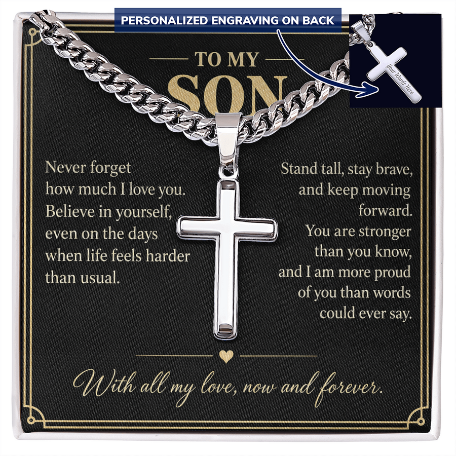 To My Son Believe in Yourself Personalized Cross Necklace Gift