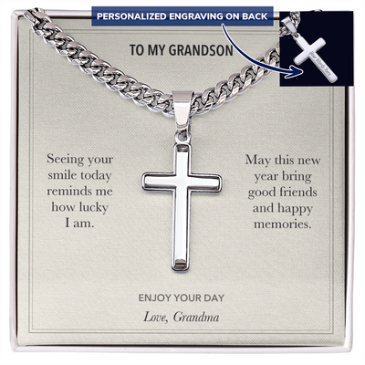 Load image into Gallery viewer, To My Grandson, Good Friends Birthday - Personalized Cross Cuban Link Chain Gift
