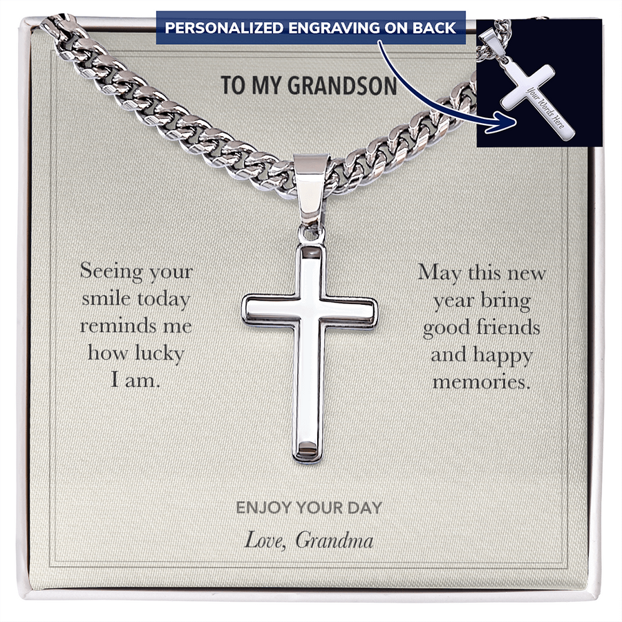 To My Grandson, Good Friends Birthday - Personalized Cross Cuban Link Chain Gift