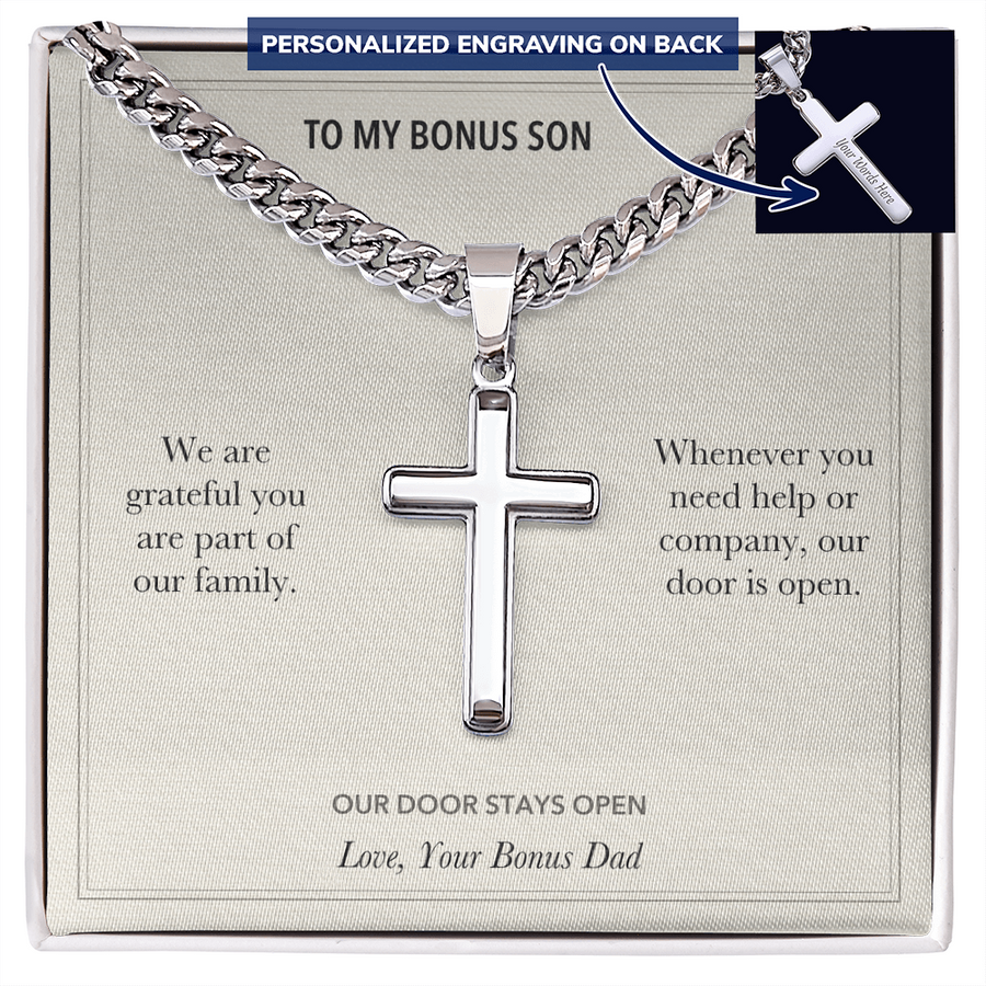 To My Bonus Son, Open Door Reassurance - Personalized Cross Cuban Link Chain Gift