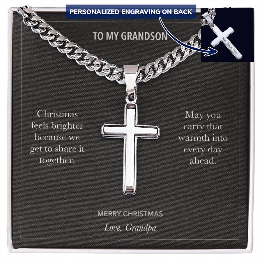 To My Grandson, Christmas Together Gift - Personalized Cross Cuban Link Chain Gift