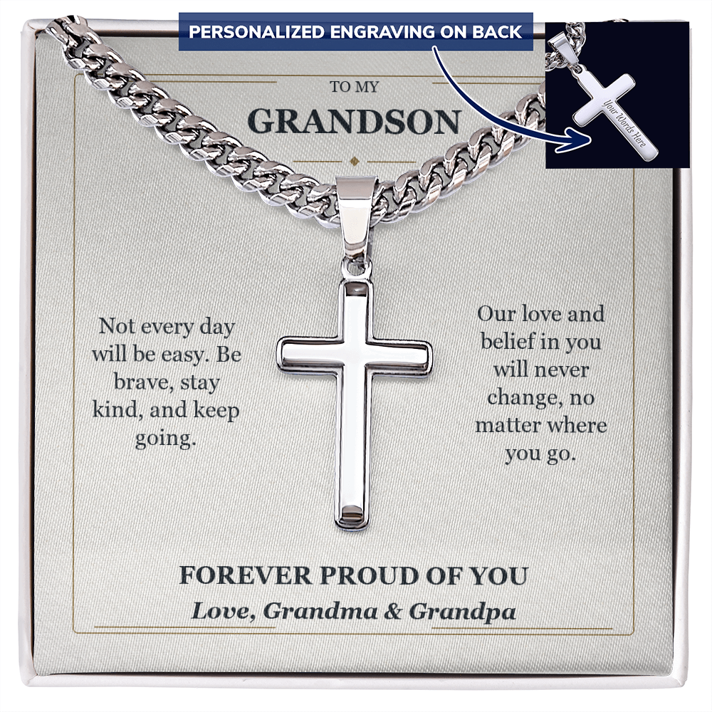 To My Grandson Cuban Link Cross Necklace from Grandparents | Forever Proud