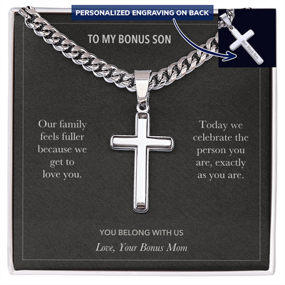 Load image into Gallery viewer, To My Bonus Son, You Belong Birthday - Personalized Cross Cuban Link Chain Gift
