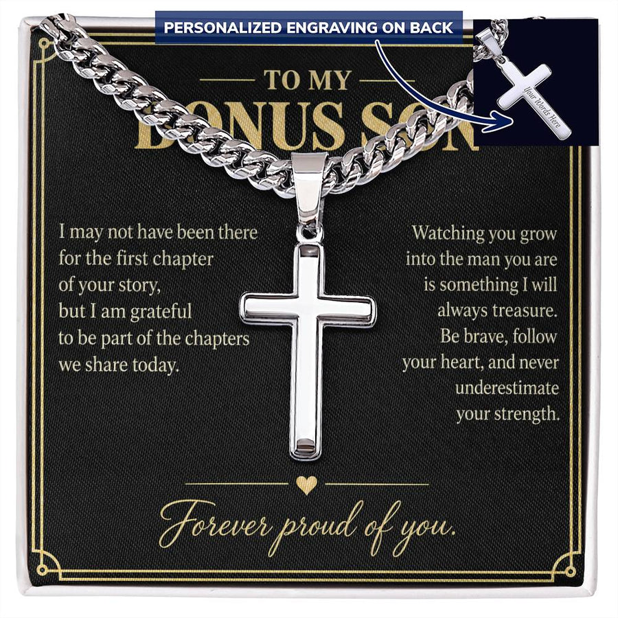 To My Bonus Son Forever Proud Personalized Cross Necklace Gift