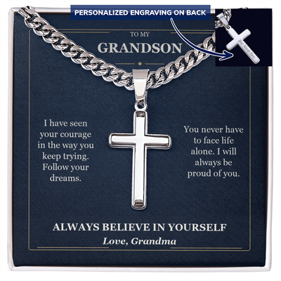 Load image into Gallery viewer, To My Grandson Cuban Link Cross Necklace from Grandma | Believe in Yourself
