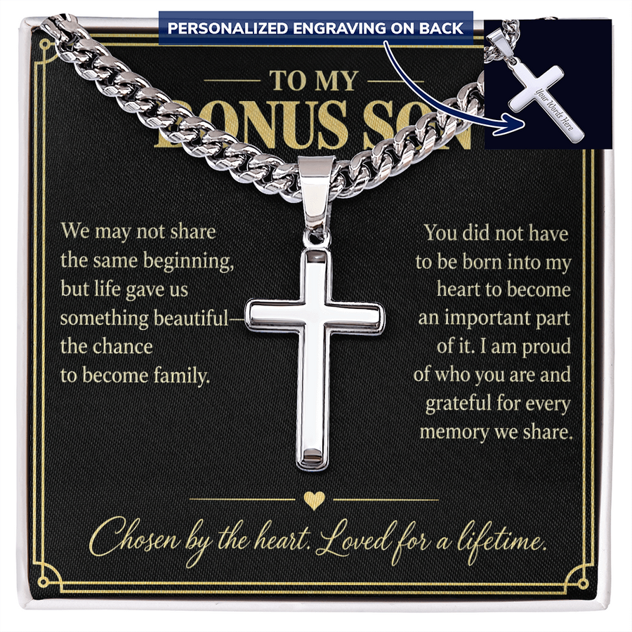 To My Bonus Son Chosen by the Heart Personalized Cross Necklace Gift