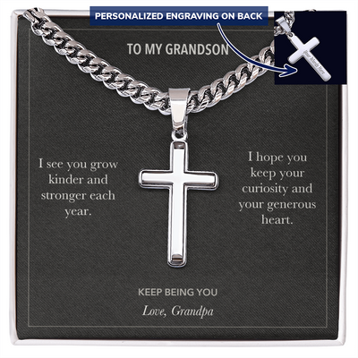 Load image into Gallery viewer, To My Grandson, Keep Your Curiosity Birthday - Personalized Cross Cuban Link Chain Gift

