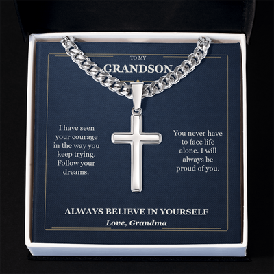 Load image into Gallery viewer, To My Grandson Cuban Link Cross Necklace from Grandma | Believe in Yourself
