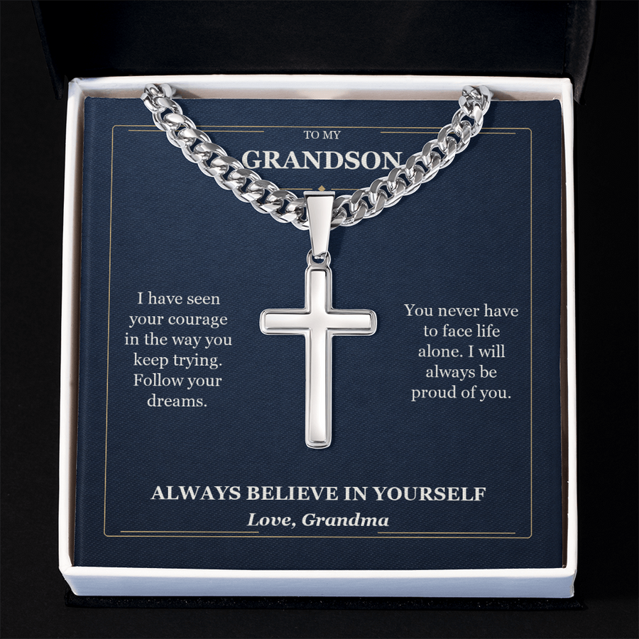 To My Grandson Cuban Link Cross Necklace from Grandma | Believe in Yourself