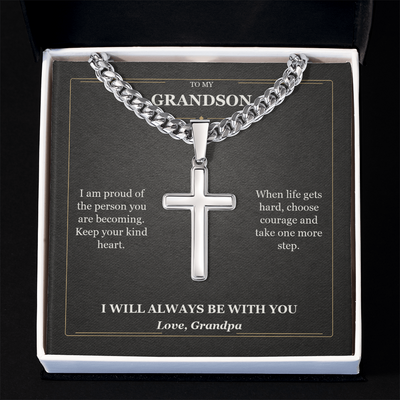 Load image into Gallery viewer, To My Grandson Cuban Link Cross Necklace from Grandpa | Courage and Kindness
