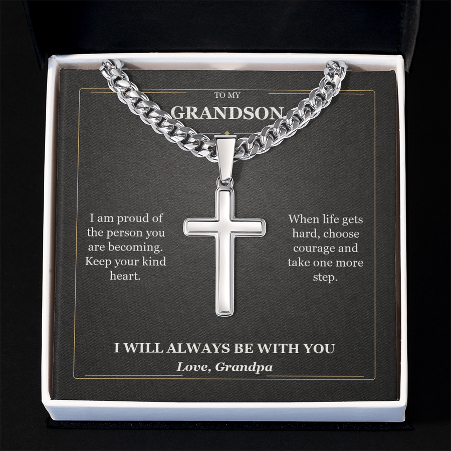 To My Grandson Cuban Link Cross Necklace from Grandpa | Courage and Kindness