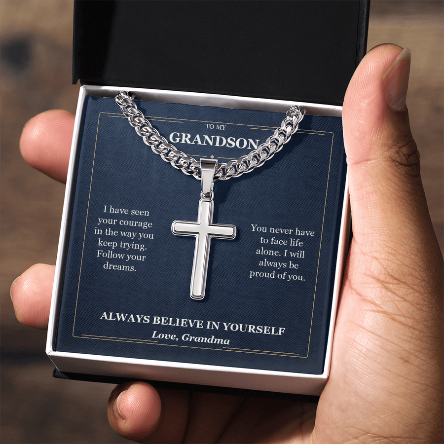 To My Grandson Cuban Link Cross Necklace from Grandma | Believe in Yourself