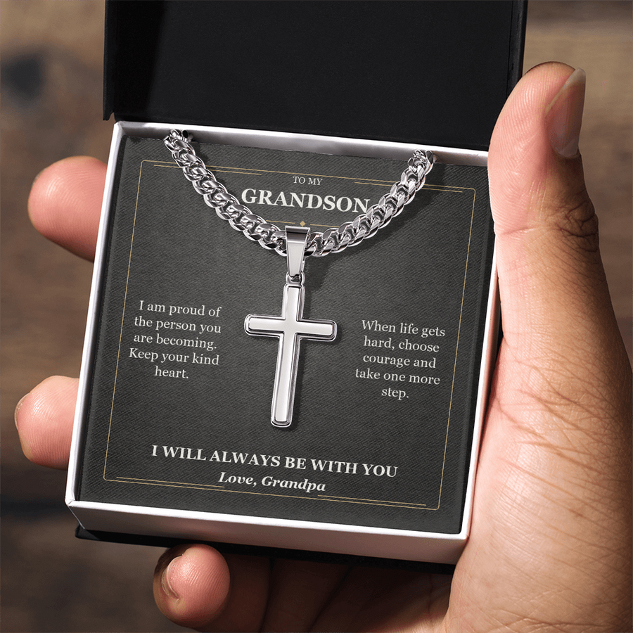 To My Grandson Cuban Link Cross Necklace from Grandpa | Courage and Kindness