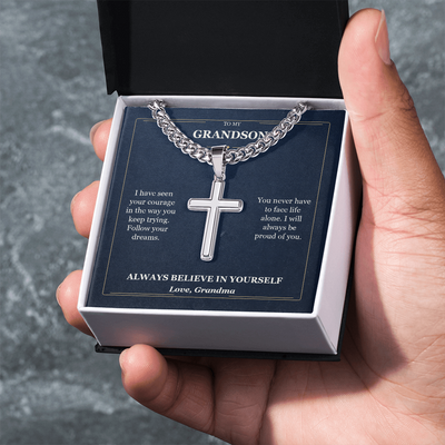 Load image into Gallery viewer, To My Grandson Cuban Link Cross Necklace from Grandma | Believe in Yourself
