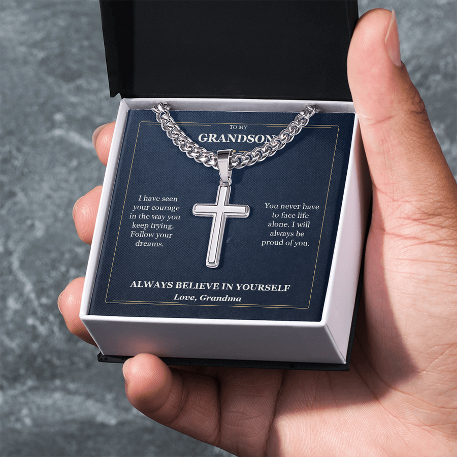 To My Grandson Cuban Link Cross Necklace from Grandma | Believe in Yourself