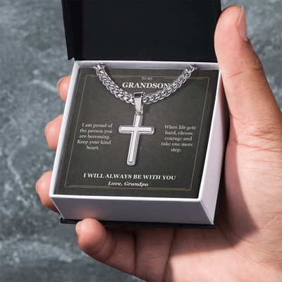 Load image into Gallery viewer, To My Grandson Cuban Link Cross Necklace from Grandpa | Courage and Kindness
