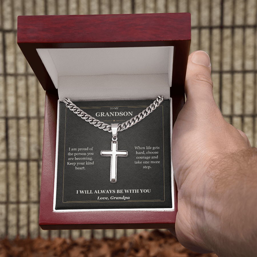 To My Grandson Cuban Link Cross Necklace from Grandpa | Courage and Kindness