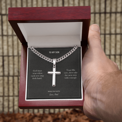 Load image into Gallery viewer, To My Son, Walk In Faith Encouragement - Personalized Cross Cuban Link Chain Gift
