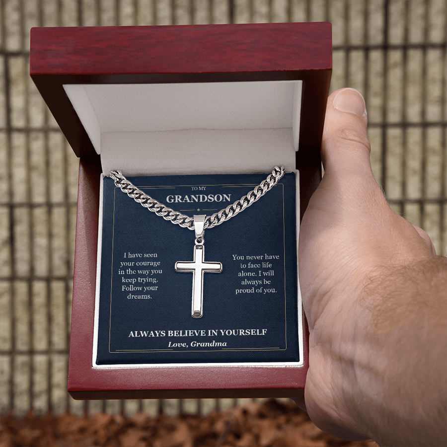 To My Grandson Cuban Link Cross Necklace from Grandma | Believe in Yourself