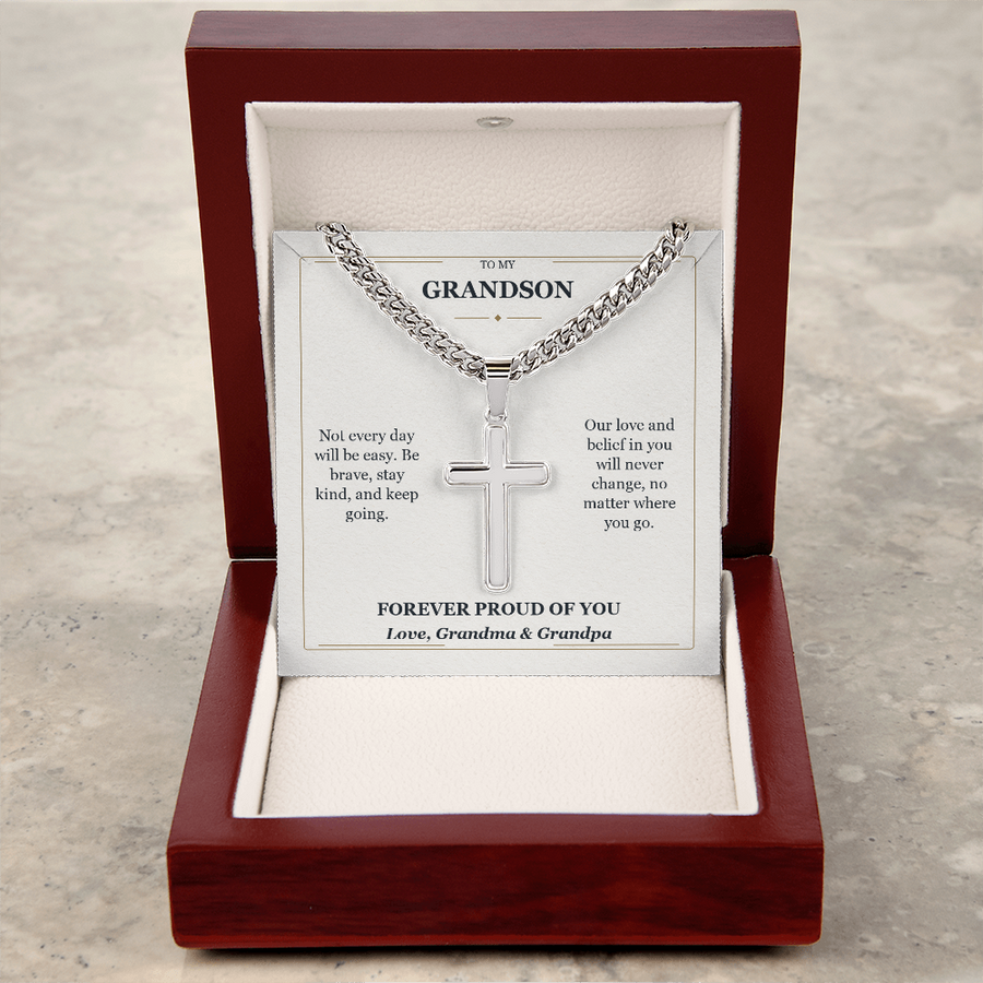 To My Grandson Cuban Link Cross Necklace from Grandparents | Forever Proud