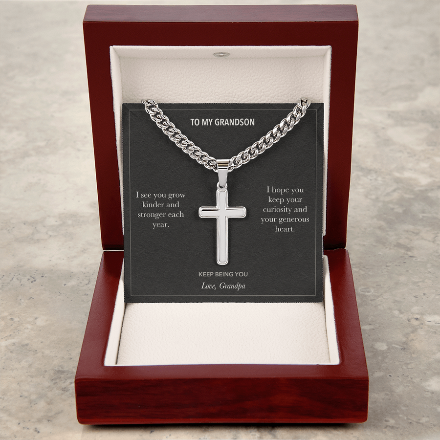 To My Grandson, Keep Your Curiosity Birthday - Personalized Cross Cuban Link Chain Gift