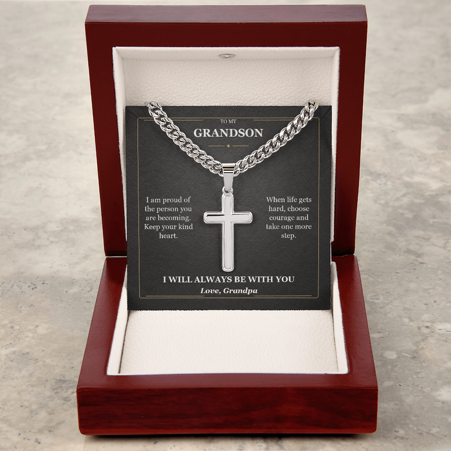 To My Grandson Cuban Link Cross Necklace from Grandpa | Courage and Kindness