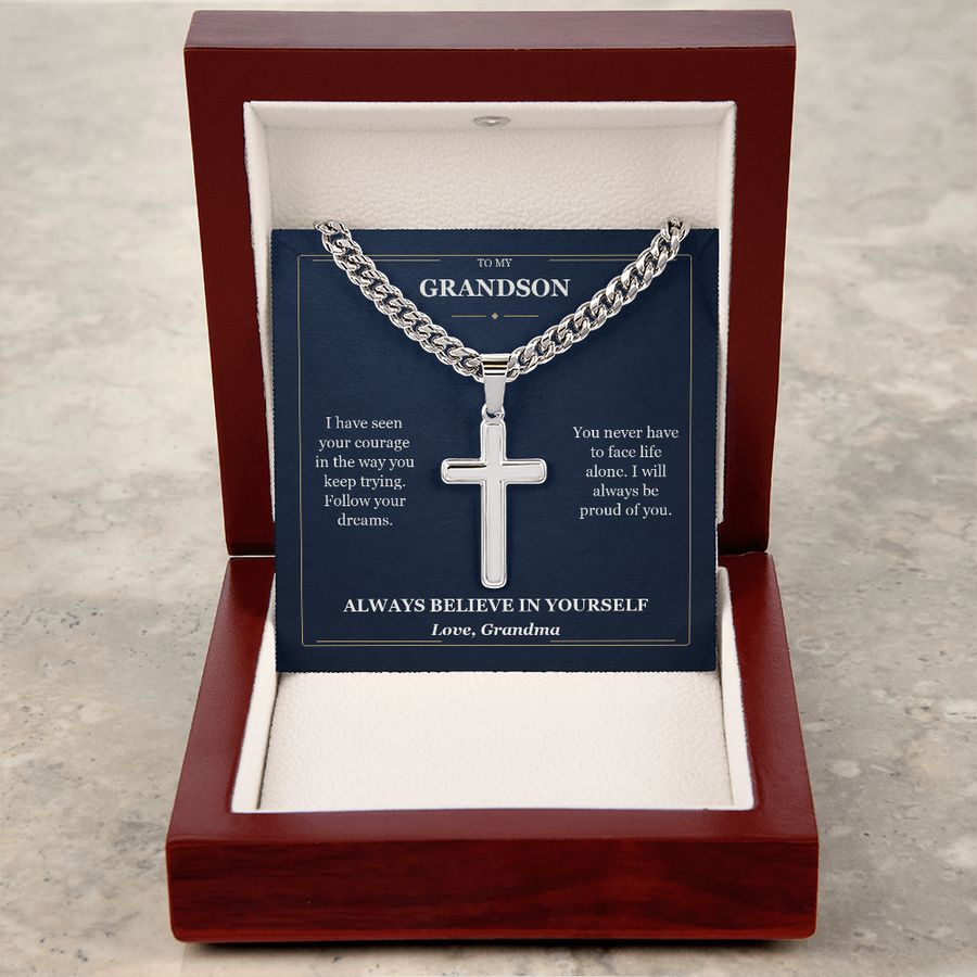 To My Grandson Cuban Link Cross Necklace from Grandma | Believe in Yourself