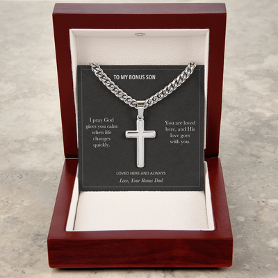 Load image into Gallery viewer, To My Bonus Son, Loved Here Faith Gift - Personalized Cross Cuban Link Chain Gift
