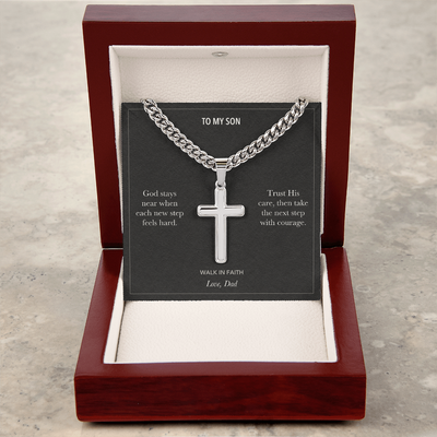 Load image into Gallery viewer, To My Son, Walk In Faith Encouragement - Personalized Cross Cuban Link Chain Gift
