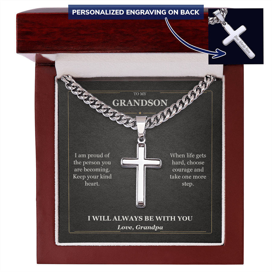To My Grandson Cuban Link Cross Necklace from Grandpa | Courage and Kindness