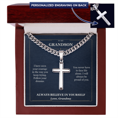 Load image into Gallery viewer, To My Grandson Cuban Link Cross Necklace from Grandma | Believe in Yourself
