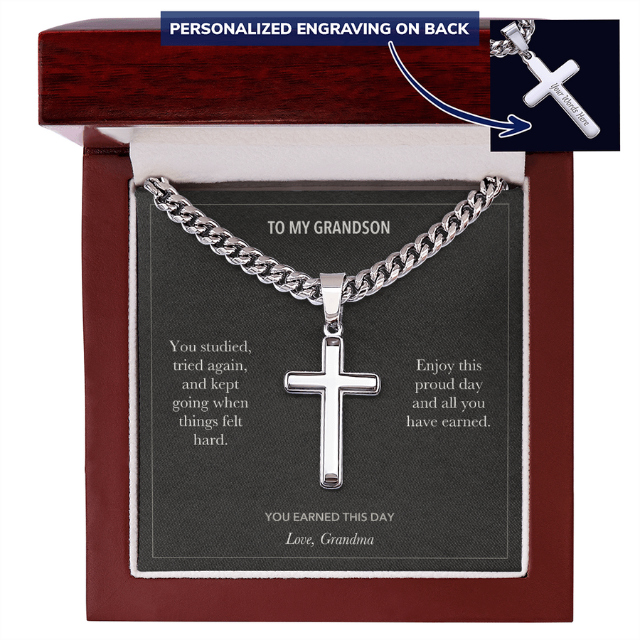 To My Grandson, You Earned This Graduation - Personalized Cross Cuban Link Chain Gift