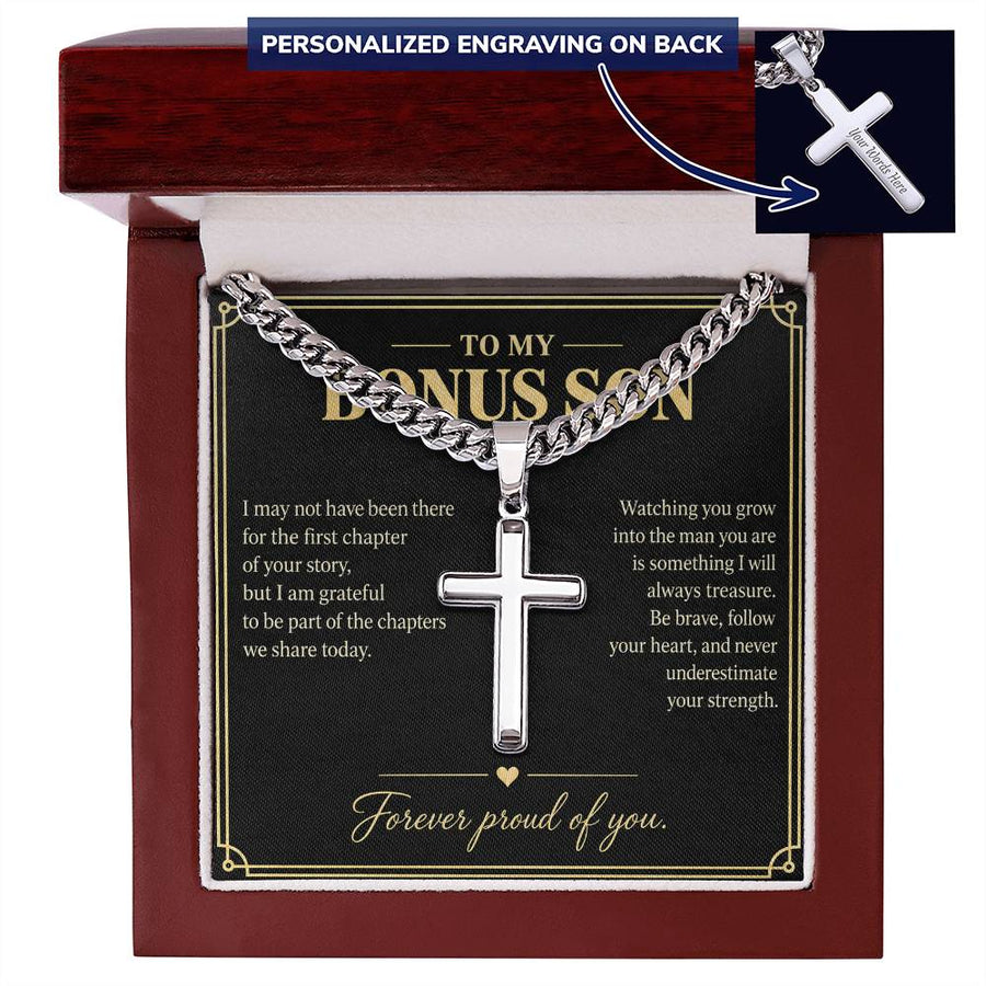 To My Bonus Son Forever Proud Personalized Cross Necklace Gift