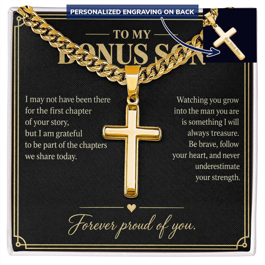 To My Bonus Son Forever Proud Personalized Cross Necklace Gift