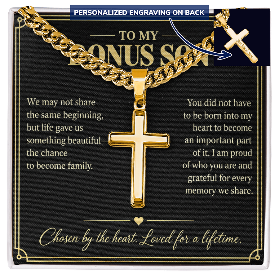 To My Bonus Son Chosen by the Heart Personalized Cross Necklace Gift