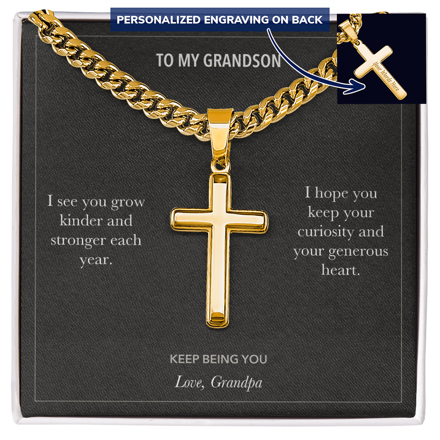 To My Grandson, Keep Your Curiosity Birthday - Personalized Cross Cuban Link Chain Gift