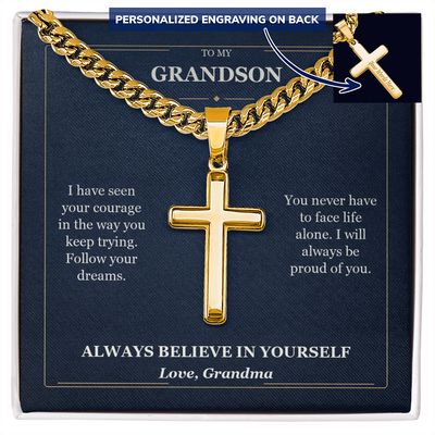 Load image into Gallery viewer, To My Grandson Cuban Link Cross Necklace from Grandma | Believe in Yourself
