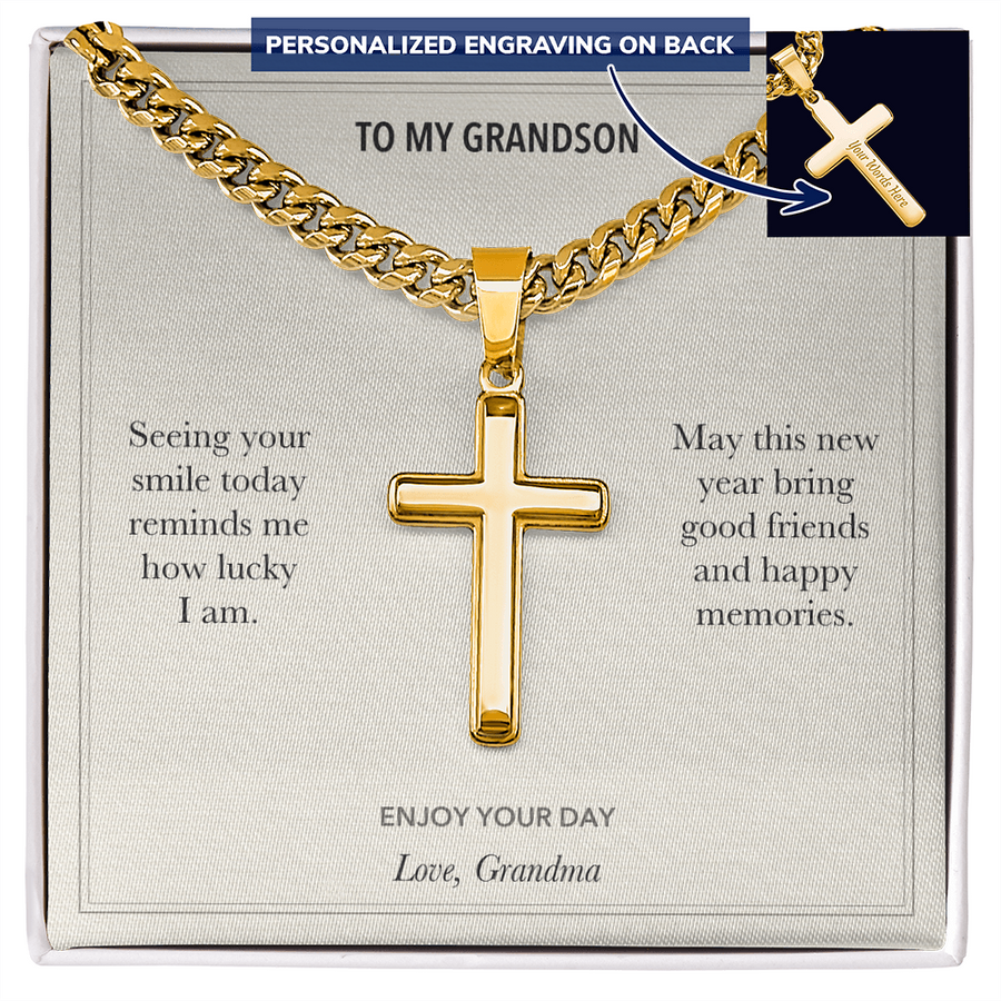 To My Grandson, Good Friends Birthday - Personalized Cross Cuban Link Chain Gift