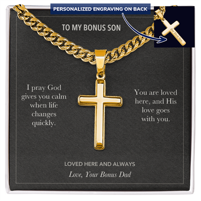 Load image into Gallery viewer, To My Bonus Son, Loved Here Faith Gift - Personalized Cross Cuban Link Chain Gift
