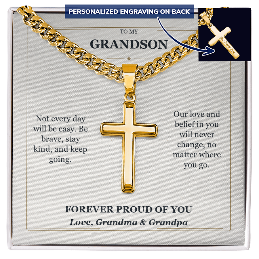 To My Grandson Cuban Link Cross Necklace from Grandparents | Forever Proud