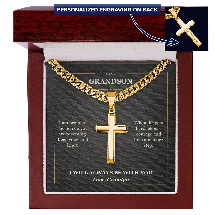 To My Grandson Cuban Link Cross Necklace from Grandpa | Courage and Kindness